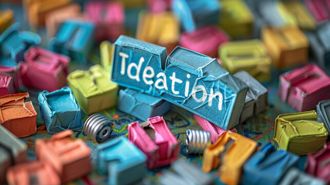 The image showcases a word, "Ideation", against a solid colored background with a unique identifier.