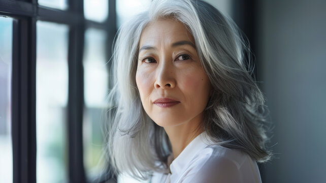 Thoughtful mature woman with silver hair reflects serenity by a sunlit window.