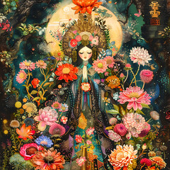 花と着物を着た女性のイラスト、姫