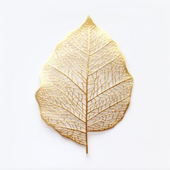 An outlined golden leaf with a delicate network of veins stands out with its simple elegance, ideal for sophisticated decor or ecological concepts, against a soft background that welcomes text.