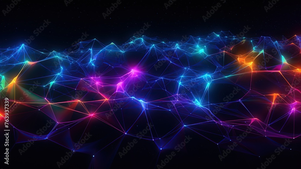 Poster visual representation of a neural network or digital constellation, illustrating interconnected data