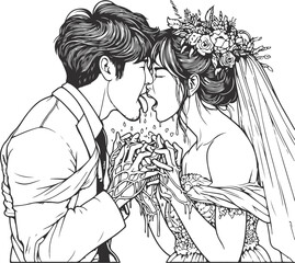 line drawing romantic wedding couple one line art love vector illustration