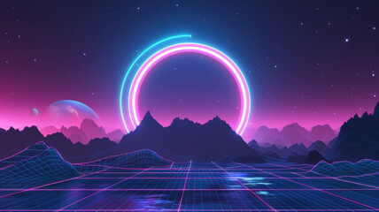 Vibrant retro-futuristic landscape with glowing neon circle and digital grid mountains.