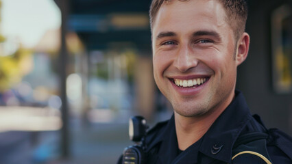 A gleeful police officer with a sunny disposition on a bright day outdoors.