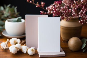 Beautiful hands holding a blank greeting card vertically in a mockup - obrazy, fototapety, plakaty