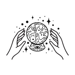 Hand linear vector design, hand drawn celestial boho logo or emblem. Magic Symbol for decoration cosmetics, market and packaging or beauty products - 763937597