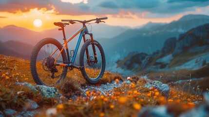 A mountain bike is parked on top of a grass-covered hillside. The bike is positioned vertically on the hill, overlooking the surrounding landscape - obrazy, fototapety, plakaty