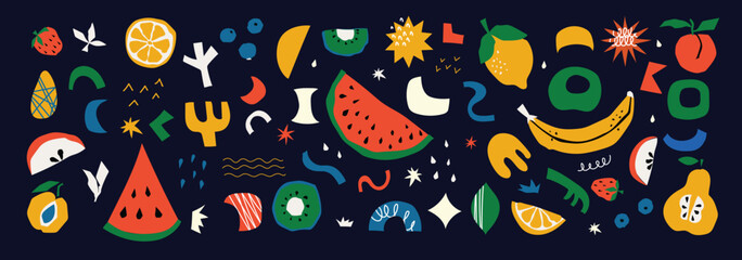Naklejka premium Healthy organic vegan food. Cooking dietary dishes. Vegetarian cafe. Set of icons in flat geometric style. Abstract signs, Vegetables, fruits, salads vector illustration.
