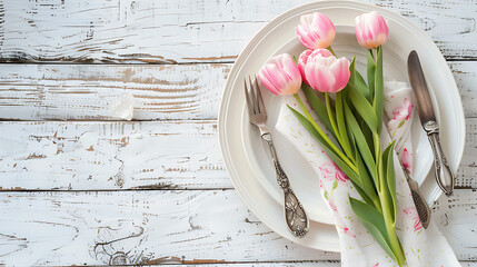  Easter table setting featuring pink tulips arranged on a white wooden background