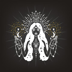 Fairy girl with space hair. Astrology concept, fortune tellers, predictions. Logo vector illustration. Witchcraft, spirituality. - 763937782