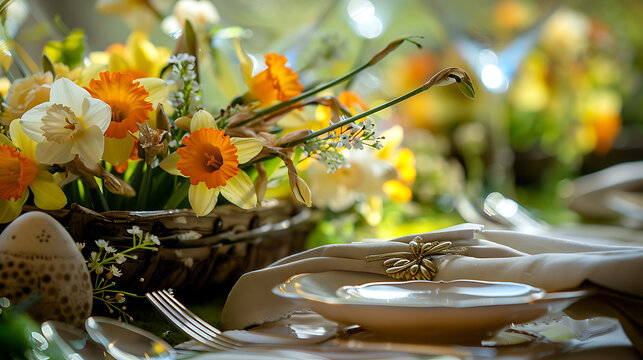 Easter table setting with yellow daffodils, arranged cutlery, Easter dinning
