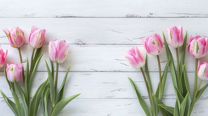 Pink tulips arranged on a white wooden background, copy space, festive background - obrazy, fototapety, plakaty