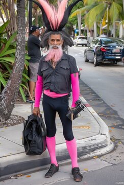 an old ladyboy with black hair and white beard, wearing pink long sleeve shirt, leggings , Black high heels shoes holding her bag in the shape like devil horns on head walking down Miami mall street