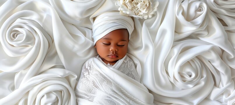 Tranquil african newborn baby peacefully sleeping in a cozy and comfortable white crib - Powered by Adobe