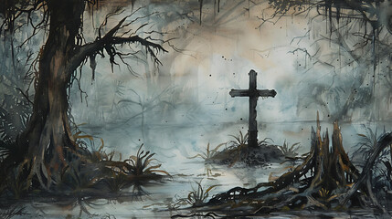  A horrible dark landscape and a dark sky, a cross sign in the terrible forest  - obrazy, fototapety, plakaty