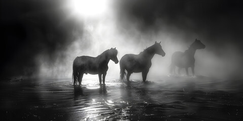 A desert with three horses white hat tuch and most great scene smoky blurred background - obrazy, fototapety, plakaty