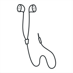 Hand drawn cute simple doodle illustration of wired headphones. Flat vector headset sticker in simple line art style. Outline music device icon or print. Isolated on white background.
