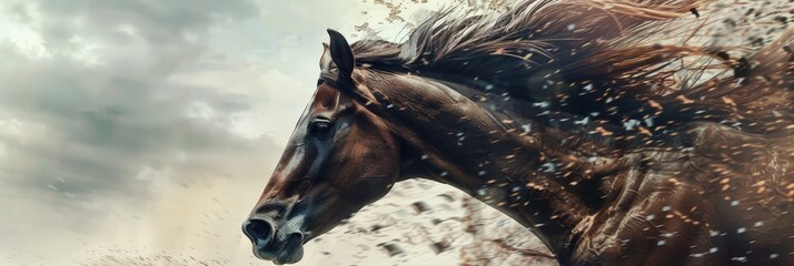 Majestic racehorse powering forward, mane flowing, embodying the spirit of horse racing - obrazy, fototapety, plakaty