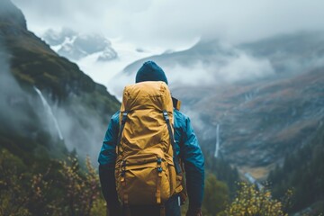 Unrecognizable person traveler, standing near the mountain