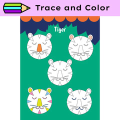 Pen tracing lines activity worksheet for children. Pencil control for kids practicing motoric skills. Tigers educational printable worksheet. Vector illustration.