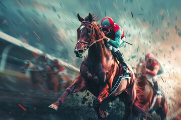 Leading jockey and horse in a decisive racing moment, heightened by explosive graphic elements - obrazy, fototapety, plakaty