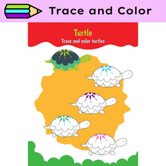 Pen tracing lines activity worksheet for children. Pencil control for kids practicing motoric skills. Turtles educational printable worksheet. Vector illustration.