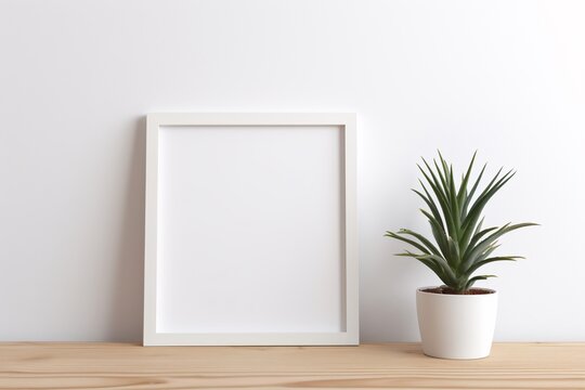 a white frame next to a potted plant