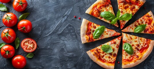 Rustic pizza on black background with tomato, cheese, and italian flavors   delicious fast food meal