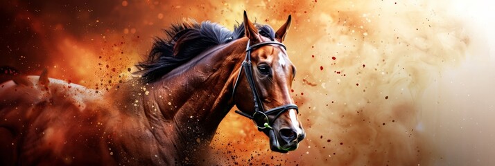 Majestic racehorse surging forward with fiery backdrop, encapsulating energy of high-stakes race - obrazy, fototapety, plakaty