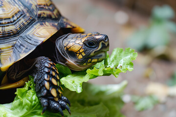 Naklejka premium Galapagos tortoise eating lettuce, copy space of a reptilian animal tortoise with green leaves