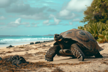 Giant tortoise on the beach, copy space from an African reptile on the sandy shore to the blue sea of a tropical coast