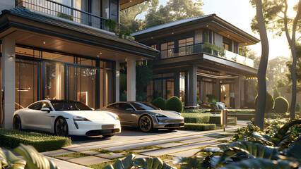 Eco-Luxury Living: Modern Villa with Electric Vehicles - obrazy, fototapety, plakaty