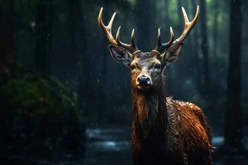 Plexiglas foto achterwand a deer with antlers standing in the rain © Ion