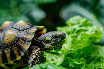 Naklejka premium Galapagos tortoise eating lettuce, small tortoise feeding on the leaves of a vegetable in a vegetable garden