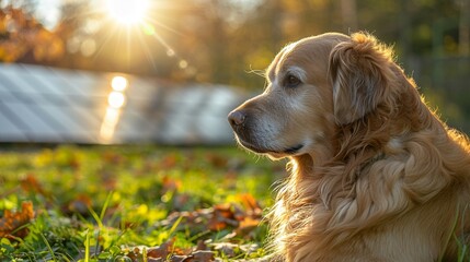 A golden retriever basking under the gentle sun, solar panels gleaming in the background, lush garden surrounds  warm hues, eyelevel shot , vibrant