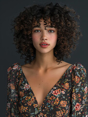 Close-up portrait of a young woman with dark curls and vibrant floral dress