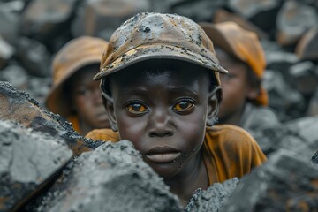 Children in impoverished African regions working in hazardous coal mines child labor issue. Concept Child Labor, Africa, Coal Mining, Poverty, Child Welfare - obrazy, fototapety, plakaty