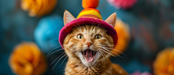 Horizontal banner featuring a funny cat in a clown hat for April Fools Day celebration.