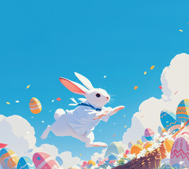 Easter Bunny with Eggs in a Spring Meadow, easter bunny with easter eggs illustration Cloudy, dreamy picture, Easter cartoon on blue background, Easter day concept copy space 1:1