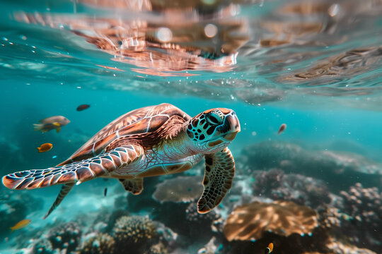 Sea turtle in the sea, naturalistic documentary photograph of a reptile diving underwater with fish and coral from the ocean floor