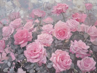 This painting depicts a cluster of pink roses, showcasing their delicate petals and vibrant color. The roses are elegantly arranged, with green leaves adding to the overall composition