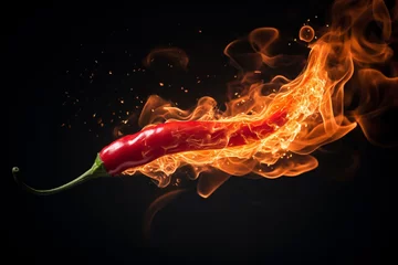 Deurstickers a red hot chili pepper on fire © Ion