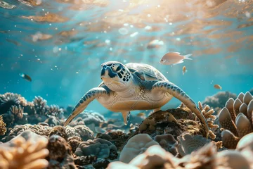 Fotobehang Sea turtle in the sea, wallpaper of a marine reptile swimming among fish and corals on the seabed in a nature documentary photograhy © Simn