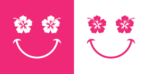 Logo vacaciones en Hawái. Silueta de emoticono con cara con flor de hibisco como ojos y sonrisa