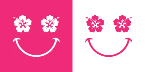 Fototapeten Logo vacaciones en Hawái. Silueta de emoticono con cara con flor de hibisco como ojos y sonrisa © teracreonte