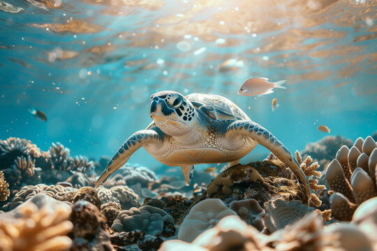 Sea turtle in the sea, wallpaper of a marine reptile swimming among fish and corals on the seabed in a nature documentary photograhy
