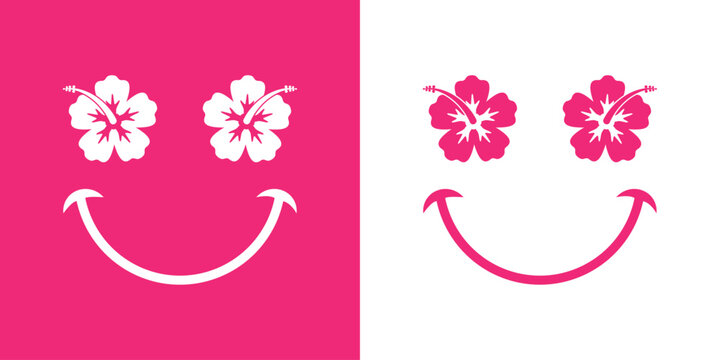 Logo vacaciones en Haw&aacute;i. Silueta de emoticono con cara con flor de hibisco como ojos y sonrisa
