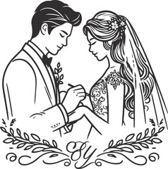 line drawing romantic wedding couple one line art love vector illustration