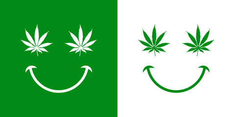 Logo con silueta de emoticono con cara con hoja verde de cannabis como ojos y sonrisa