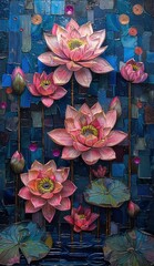 oil painting of water lilies in a pond, in the style of dark azure and pink, textured mixed media